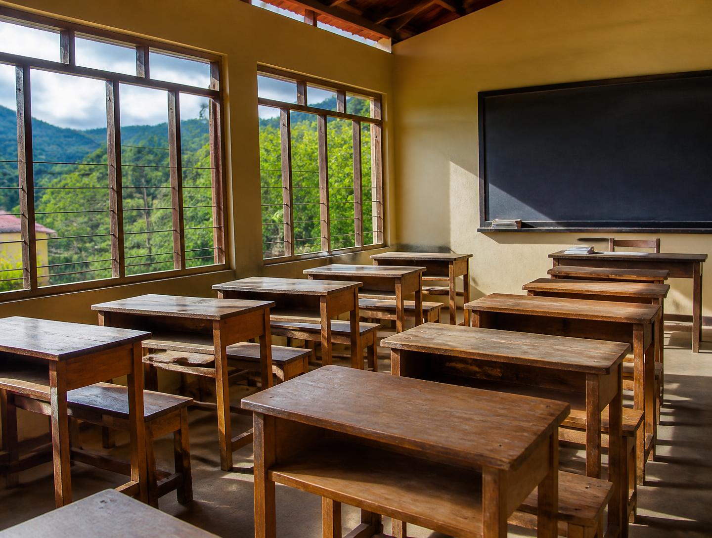 A sunlit classroom at Lourdes Hill Convent School looking out to the hills